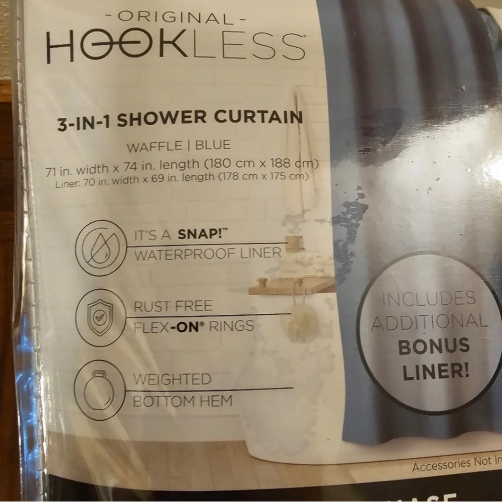 Original Hookless 3-in-1 Waffle Fabric Shower Curtain Set Blue with Bonu…